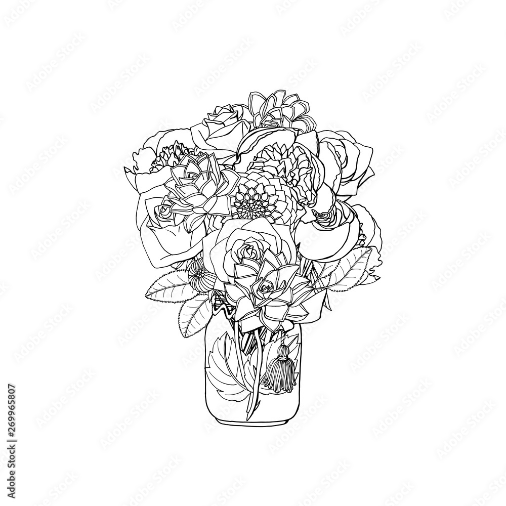 Hand drawn doodle style bouquets of different flowers: succulent,peony,rose. isolated on white background. stock vector illustration Hand drawn doodle style bouquets of different flowers: succulent,peony,rose. isolated on white background. stock vector illustration