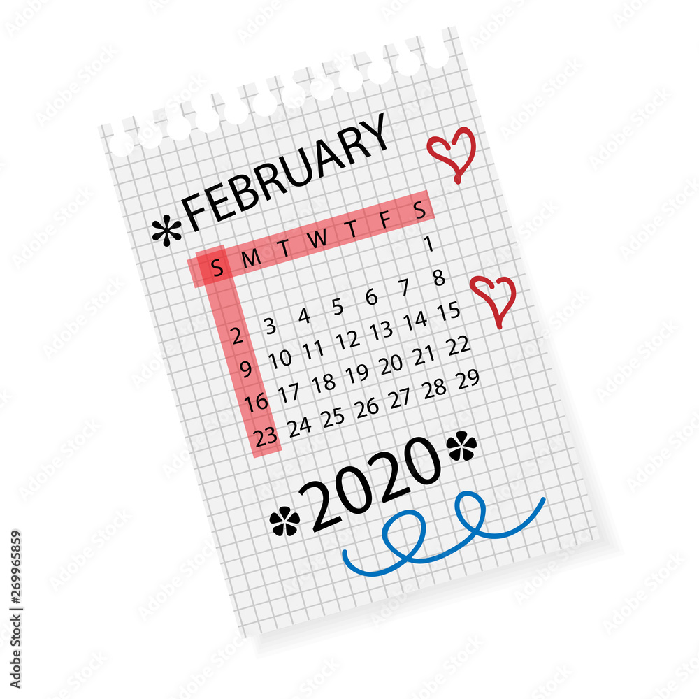 Calendar for February 2020. Vector calendar template on checkered sheet of paper. Hand drawn scribble elements. Week starts on Sunday. Calendar for February 2020. Vector calendar template on checkered sheet of paper. Hand drawn scribble elements. Week starts on Sunday.