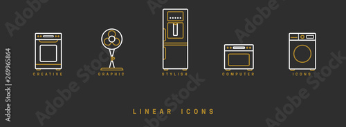 Set of outline vector home appliances icons for web design in simple linear style isolated on black background