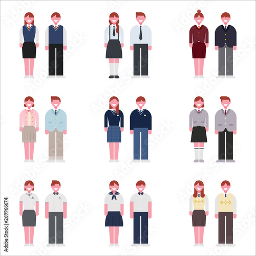 Various school uniform fashion styles. flat design style minimal vector illustration