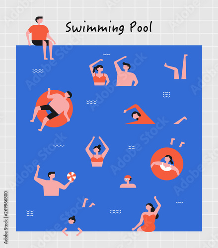 People swimming in an indoor pool Poster concept Illustration. flat design style minimal vector illustration