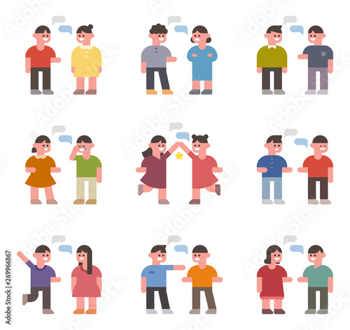 Talking characters and speech bubbles. flat design style minimal vector illustration