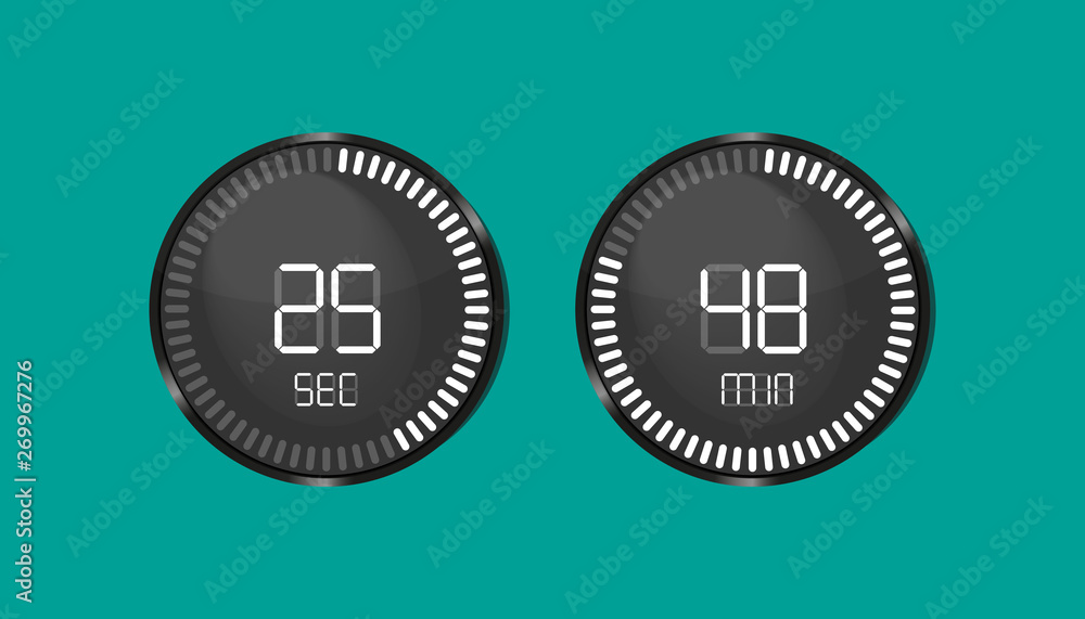 Clock Countdown, Clock Timer Second And Minute - Vector Illustrations - Isolated On Monochrome Background