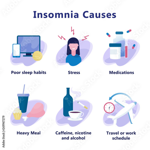 Causes of insomnia infographic. Stress and health problem