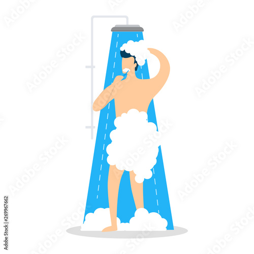 Young man take shower in the bathroom