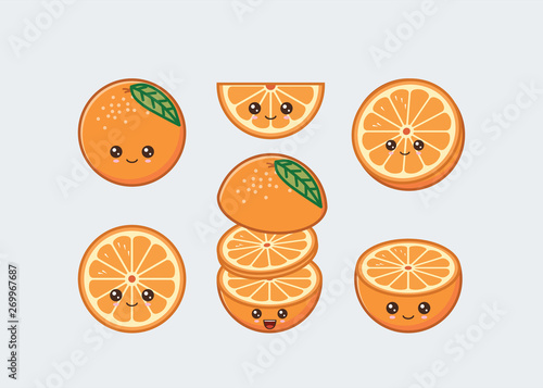 Orange set drawn cute kawaii food faces