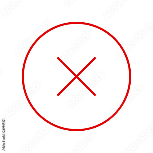 Round red thin line X mark icon, button, cross symbol isolated on white background