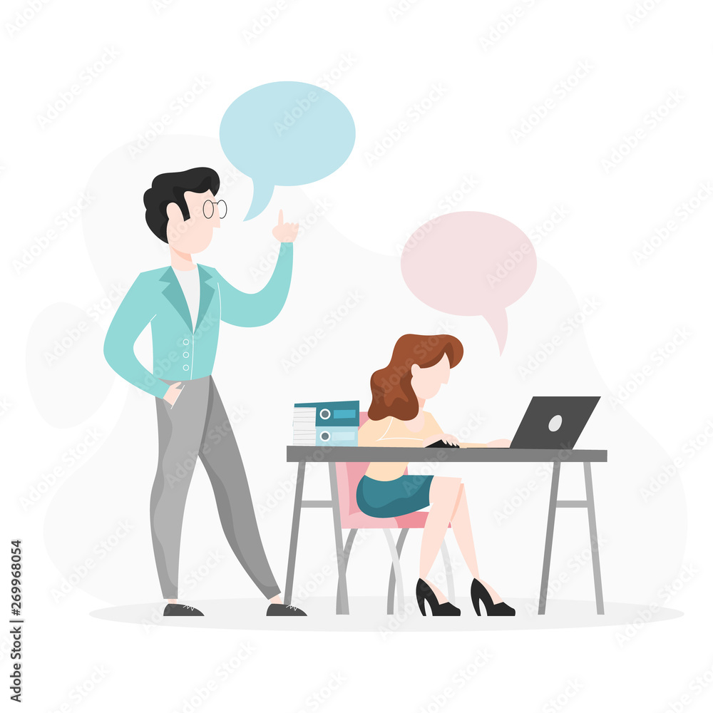Two person talking on the office. Woman sitting