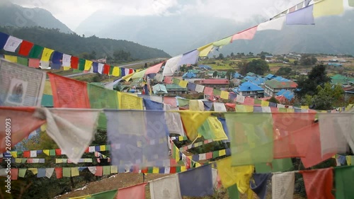 Prayers flags in Nepal. In the mountain photo
