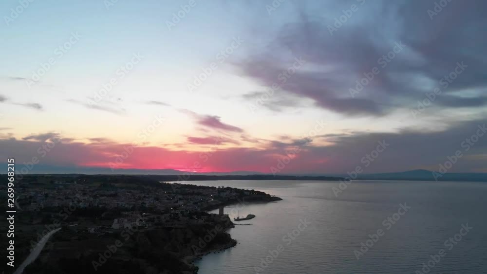 Beautiful sunset on the coast of Halkidiki,Greece. Aerial-tilting up Beautiful sunset on the coast of Halkidiki,Greece. Aerial-tilting up