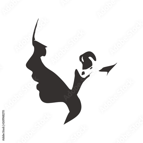 Face side view. Elegant silhouette of a female head. Surprised beautiful woman with open mouth.