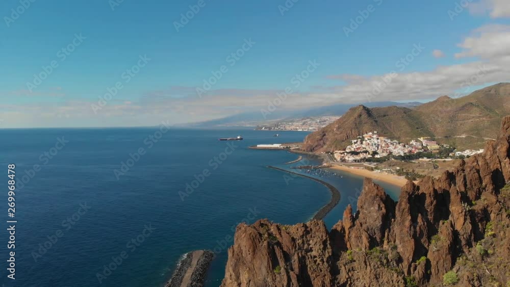 Playa De Las Terasitas Tenerife Cinematic Drone Aerial. Popular Famous Artificial Beach From Sahara Desert Sand in San Andres Village With Pier and Breakwater 4k Playa De Las Terasitas Tenerife Cinematic Drone Aerial. Popular Famous Artificial Beach From Sahara Desert Sand in San Andres Village With Pier and Breakwater 4k