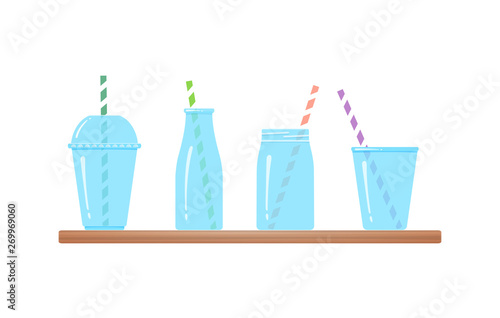 Set of drinking glasses isolated vector illustration. Transparent drinking glass and jar, bottle and plastic glass fro fresh beverages, smoothies or ice cream with colorful striped straw at wooden bar