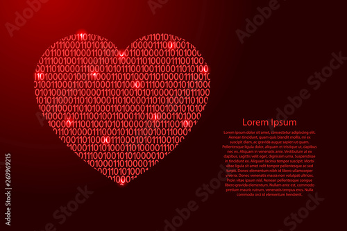 Heart icon symbol of love abstract schematic from red ones and zeros binary digital code for banner, poster, greeting card. Vector illustration.