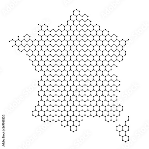 France map from abstract futuristic hexagonal shapes, lines, points black, form of honeycomb or molecular structure. Vector illustration.