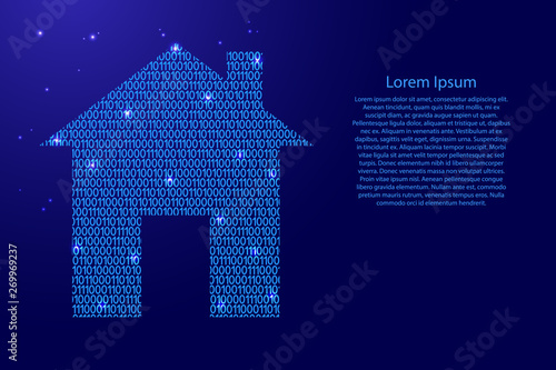 Home smart image icon abstract schematic from blue ones and zeros binary digital code with space stars for banner, poster, greeting card. Vector illustration.