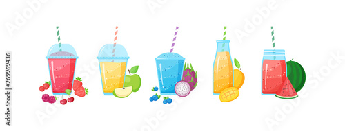 Healthy diet smoothie drink set vector illustration. Glass and bottle with straw and layered fresh cocktail in rainbow colors with collection of raw fruit smoothie banner isolated on white background