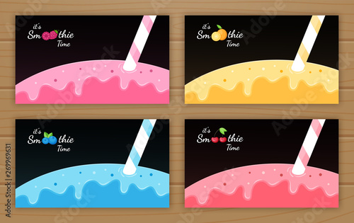 Set of smoothie fruit cocktail flat banner vector illustration. Tasty natural fruit, straw and colorful layers of smoothies cocktail or tasty ice cream. Smoothie logo for summer season promo banner. photo