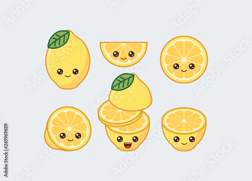 Lemon set drawn cute kawaii food faces