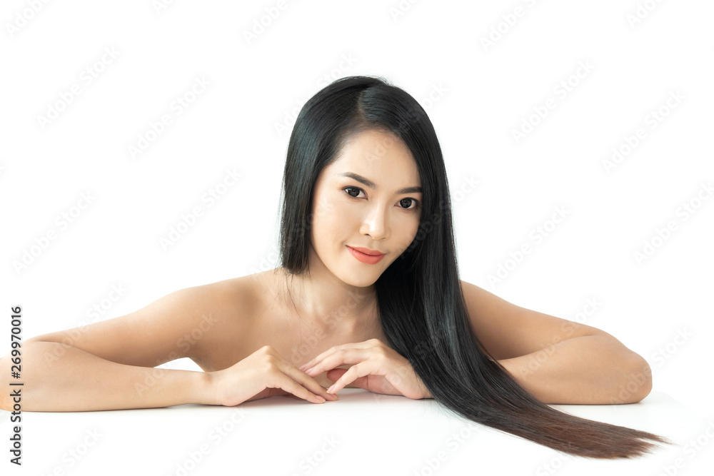 Beautiful woman beauty health care with black long shiny straight smooth hair isolated on white background.Hair cosmetics Beautiful woman beauty health care with black long shiny straight smooth hair isolated on white background.Hair cosmetics