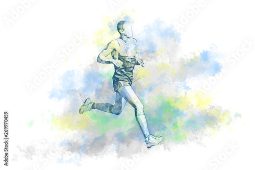 Watercolor drawing of running man white background © ParamePrizma