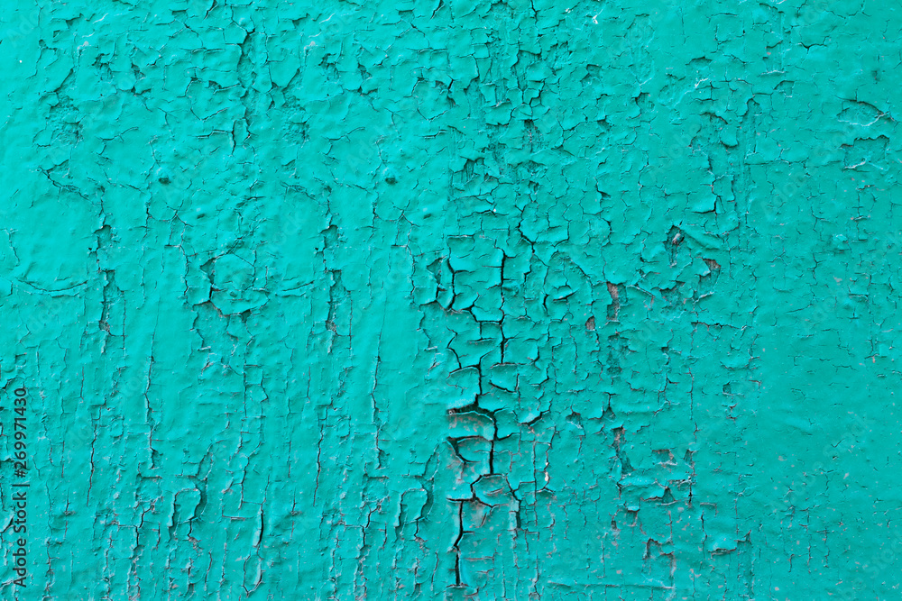 Blue cracked paint on wood vintage texture. Painted old wooden aquamarine wall background. Wooden grunge background