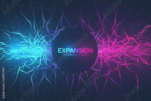 Geometric abstract background expansion of life. Colorful explosion background with connected line and dots, wave flow. Graphic background explosion, motion burst. Scientific vector illustration