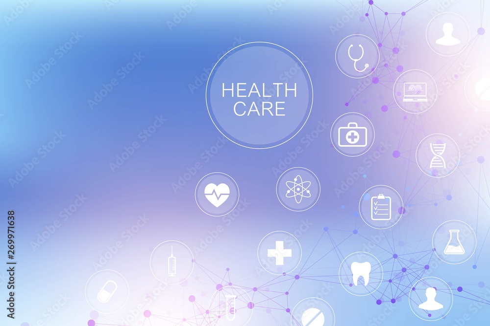 Medical abstract background with health care icons. Medical technology network concept. Connected lines and dots, wave flow, molecules, DNA. Medical background for your design. Vector illustration Medical abstract background with health care icons. Medical technology network concept. Connected lines and dots, wave flow, molecules, DNA. Medical background for your design. Vector illustration