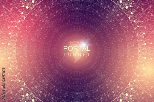 Geometric abstract background tunnel or wormhole with connected line and dots. Futuristic wormhole 3d space time portal visualization. Wireframe tunnel grid texture background. Vector illustration