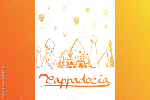 Cappadocia. Hand drawn turkish famous travel place. Gradient color. Caves, stones and ballons in the sky. Vector illustration for banner or print design