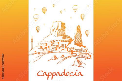 Cappadocia. Hand drawn turkish famous travel place. Gradient color. Caves, stones and ballons in the sky. Vector illustration for banner or print design