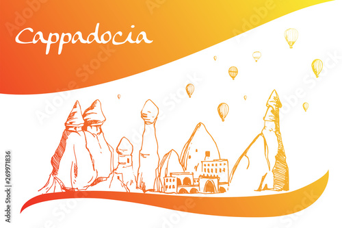 Cappadocia. Hand drawn turkish famous travel place. Gradient color. Caves, stones and ballons in the sky. Vector illustration for banner or print design