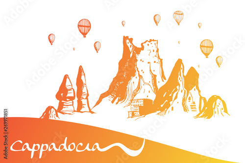 Cappadocia. Hand drawn turkish famous travel place. Gradient color. Caves, stones and ballons in the sky. Vector illustration for banner or print design