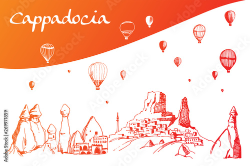 Cappadocia. Hand drawn turkish famous travel place. Gradient color. Caves, stones and ballons in the sky. Vector illustration for banner or print design