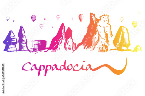 Cappadocia. Hand drawn turkish famous travel place. Gradient color. Caves, stones and ballons in the sky. Vector illustration for banner or print design