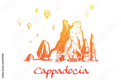Cappadocia. Hand drawn turkish famous travel place. Gradient color. Caves, stones and ballons in the sky. Vector illustration for banner or print design