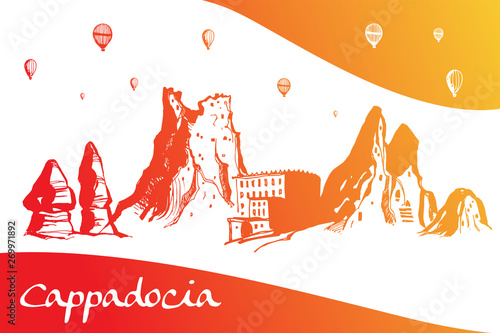 Cappadocia. Hand drawn turkish famous travel place. Gradient color. Caves, stones and ballons in the sky. Vector illustration for banner or print design
