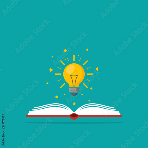 Light bulb over the book as a symbol of knowledge, the birth of ideas.