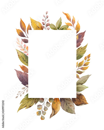 Watercolor vector autumn frame with roses and leaves isolated on white background.