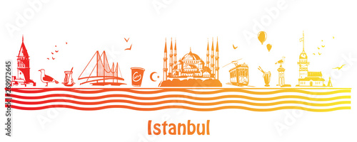 Hand drawn Istanbul horizontal vector illustration. Panoramic banner with famous Turkish symbols and object: Saint Sophia, Maiden's tower, galata tower, bosporus bridge