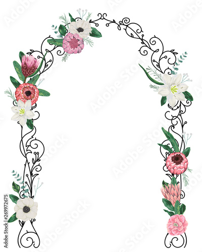 Beautiful forged wedding arch with protea, anemone and lily flowers, leaves and branches. Vintage design template for invitation, save the date card, poster. Vector illustration in watercolor style