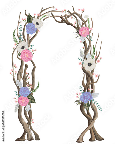 Rustic arch with tree branches, flowers, leaves. Vintage design template for invitation, card, poster. Vector illustration in watercolor style