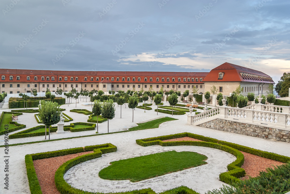Reconstructed historical baroque garden in Bratislava castle complex, Slovakia.