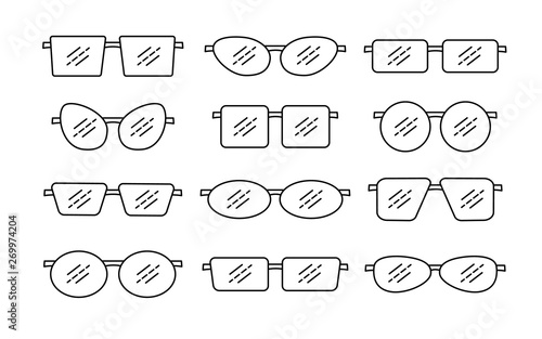 Vector illustration of frameless glasses. Line icon set of reading rimless eyeglasses. Isolated objects