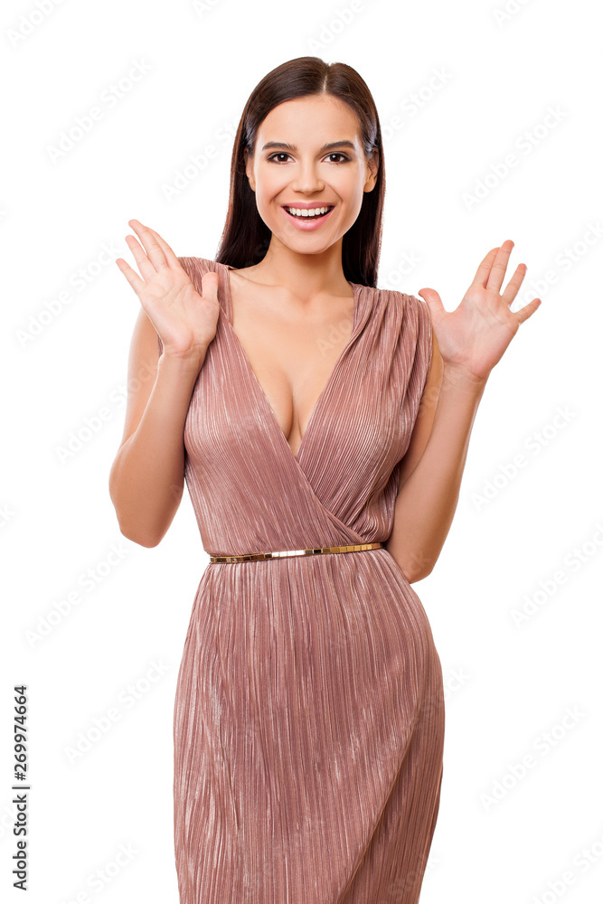 happy young girl in delight shouts for joy and surprise - emotional portrait of a beautiful brunette woman happy young girl in delight shouts for joy and surprise - emotional portrait of a beautiful brunette woman