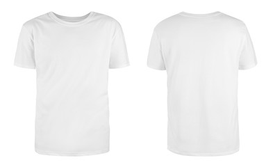 Men's white blank T-shirt template,from two sides, natural shape on invisible mannequin, for your design mockup for print, isolated on white background..