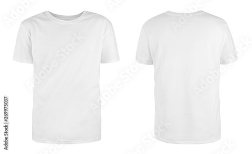 Photo Men's white blank T-shirt template,from two sides, natural shape on invisible mannequin, for your design mockup for print, isolated on white background