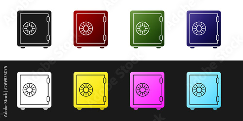 Set Safe icon isolated on black and white background. The door safe a bank vault with a combination lock. Reliable Data Protection. Vector Illustration