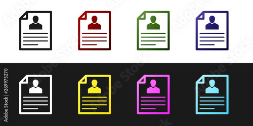 Set Resume icon isolated on black and white background. CV application. Searching professional staff. Analyzing personnel resume. Vector Illustration