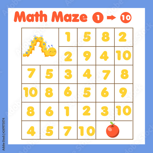 Educatiional children game. Mathematics maze. Labyrinth with numbers. Counting from one to ten. Animals theme activity for toddlers and kids photo